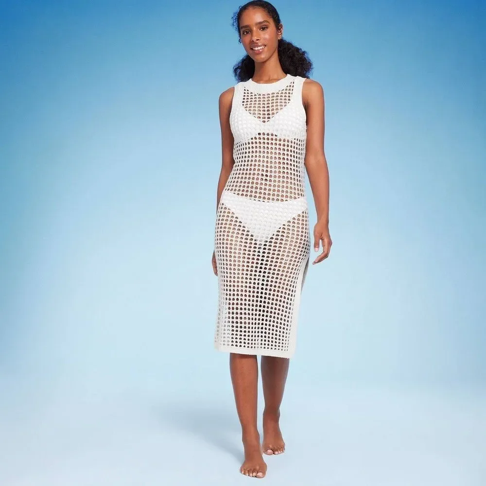 Shade & Shore Women's Crochet Cover Up Midi Dress Off-White XS (0-2)